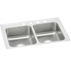 Elkay Lustertone Classic 37" Drop In/Topmount Stainless Steel Kitchen Sink, 50/50 Double Bowl, Lustrous Satin, 2 Faucet Holes, LR37222