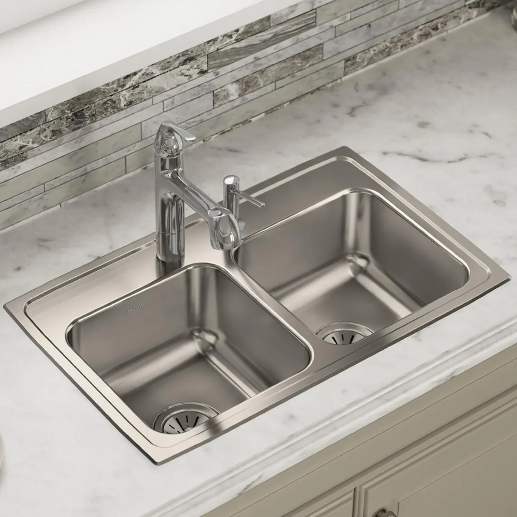 Elkay Lustertone Classic 29" Drop In/Topmount Stainless Steel Kitchen Sink, 50/50 Double Bowl, Lustrous Satin, 4 Faucet Holes, LR29184