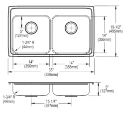 Elkay Lustertone Classic 33" Drop In/Topmount Stainless Steel ADA Kitchen Sink, 50/50 Double Bowl, Lustrous Satin, 4 Faucet Holes, LRADQ3319504