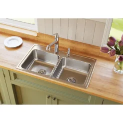 Elkay Lustertone Classic 33" Drop In/Topmount Stainless Steel Kitchen Sink, 50/50 Double Bowl, Lustrous Satin, 5 Faucet Holes, LR33195