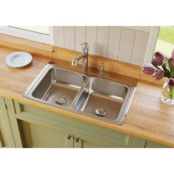 Elkay Lustertone Classic 33" Drop In/Topmount Stainless Steel Kitchen Sink, 50/50 Double Bowl, Lustrous Satin, No Faucet Hole, LR33220