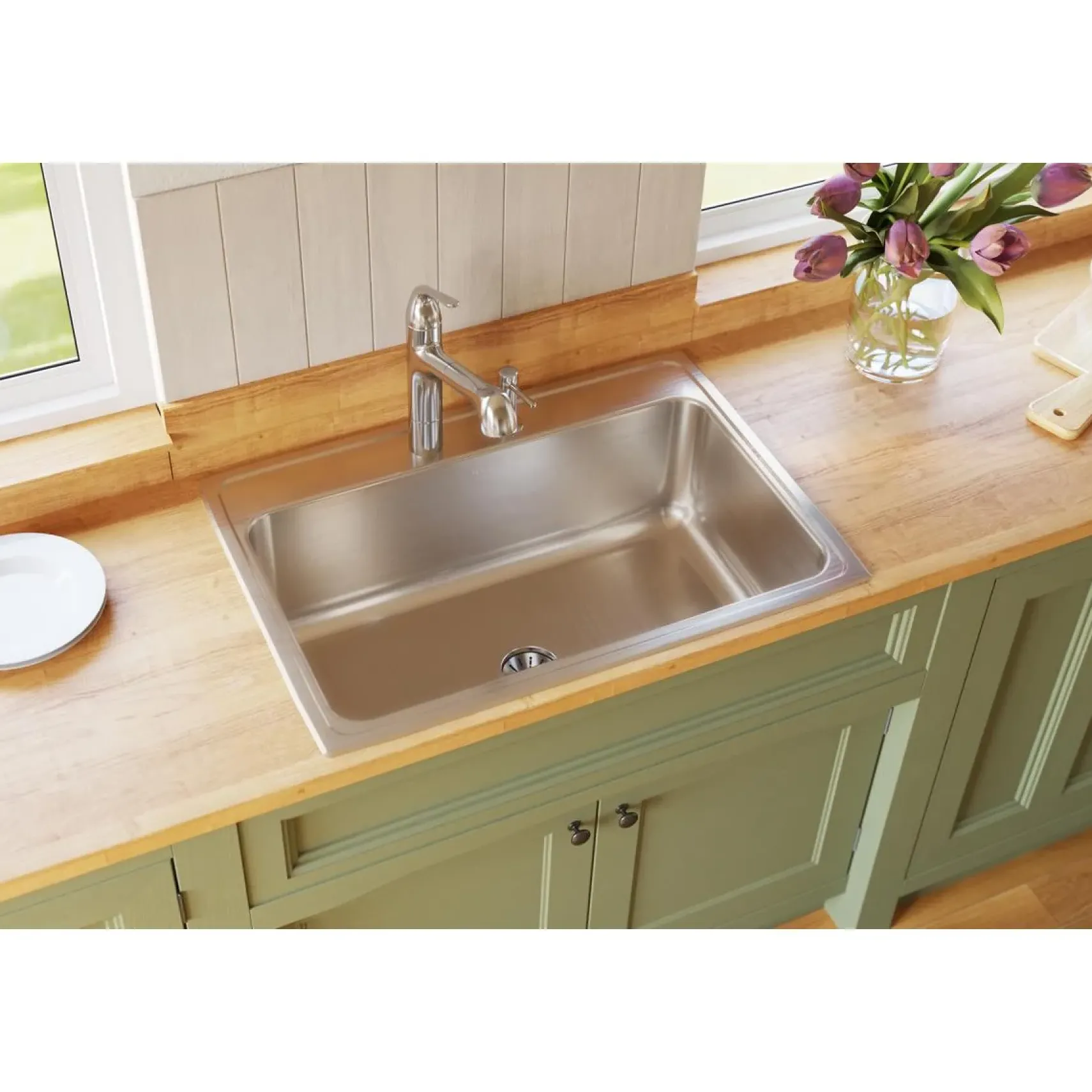 Elkay Lustertone Classic 31" Drop In/Topmount Stainless Steel Kitchen Sink, Lustrous Satin, No Faucet Hole, DLR312210PD0