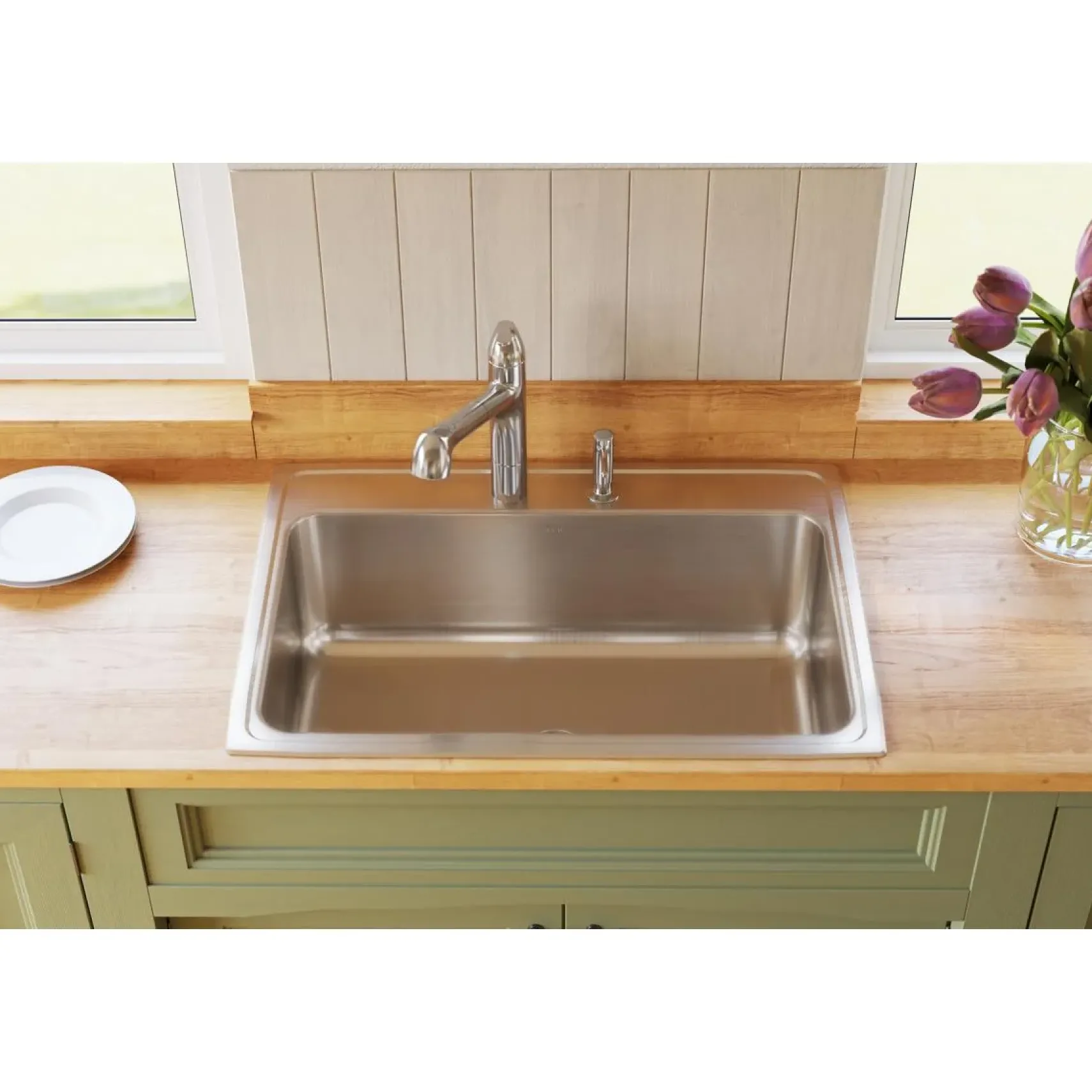 Elkay Lustertone Classic 31" Drop In/Topmount Stainless Steel Kitchen Sink, Lustrous Satin, No Faucet Hole, DLR312210PD0