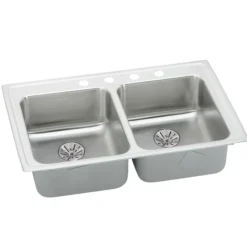 Elkay Lustertone Classic 33" Drop In/Topmount Stainless Steel ADA Kitchen Sink, 50/50 Double Bowl, Lustrous Satin, 1 Faucet Hole, Perfect Drain, LRADQ331965PD1