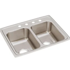 Elkay Lustertone Classic 25" Drop In/Topmount Stainless Steel Kitchen Sink, 50/50 Double Bowl, 4 Faucet Holes, LRQ25194