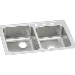 Elkay Lustertone Classic 33" Drop In/Topmount Stainless Steel Kitchen Sink, 60/40 Double Bowl, Lustrous Satin, 3 Faucet Holes, LR2503