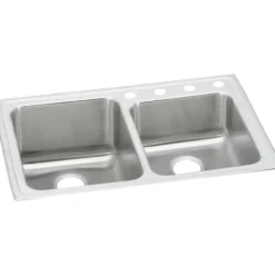 Elkay Lustertone Classic 33" Drop In/Topmount Stainless Steel Kitchen Sink, 60/40 Double Bowl, Lustrous Satin, 4 Faucet Holes, LGR33224