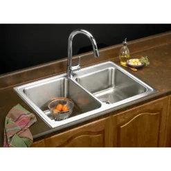 Elkay Lustertone Classic 33" Drop In/Topmount Stainless Steel Kitchen Sink, 60/40 Double Bowl, Lustrous Satin, 4 Faucet Holes, LGR33224