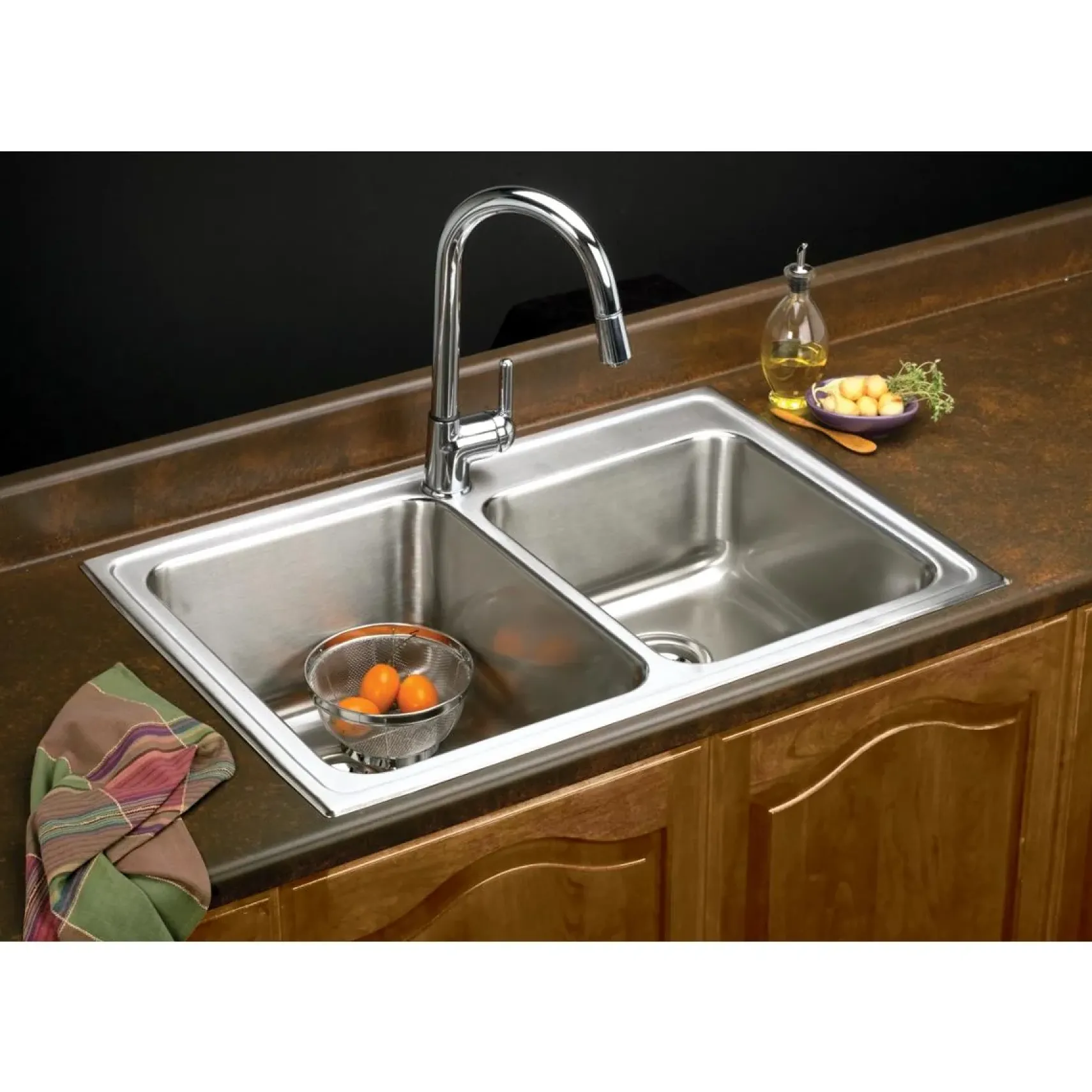 Elkay Lustertone Classic 33" Drop In/Topmount Stainless Steel Kitchen Sink, 60/40 Double Bowl, Lustrous Satin, 4 Faucet Holes, LGR33224