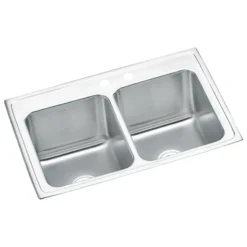 Elkay Lustertone Classic 33" Drop In/Topmount Stainless Steel Kitchen Sink, 50/50 Double Bowl, Lustrous Satin, MR2 Faucet Holes, DLR332210MR2