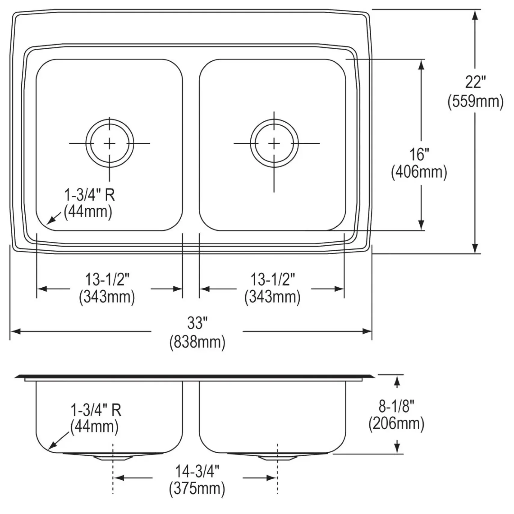 Elkay Lustertone Classic 33" Drop In/Topmount Stainless Steel Kitchen Sink, 50/50 Double Bowl, Lustrous Satin, 4 Faucet Holes, LRQ33224