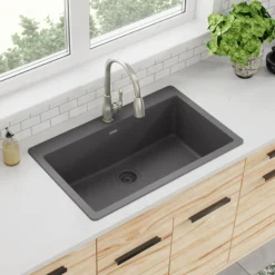 Elkay Quartz Classic 33" Drop In/Topmount Quartz Kitchen Sink, Dusk Gray, 5 Pre-scored Faucet Holes, ELGR13322GY0