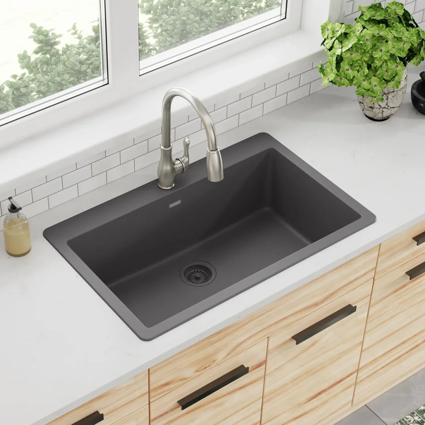 Elkay Quartz Classic 33" Drop In/Topmount Quartz Kitchen Sink, Dusk Gray, 5 Pre-scored Faucet Holes, ELGR13322GY0