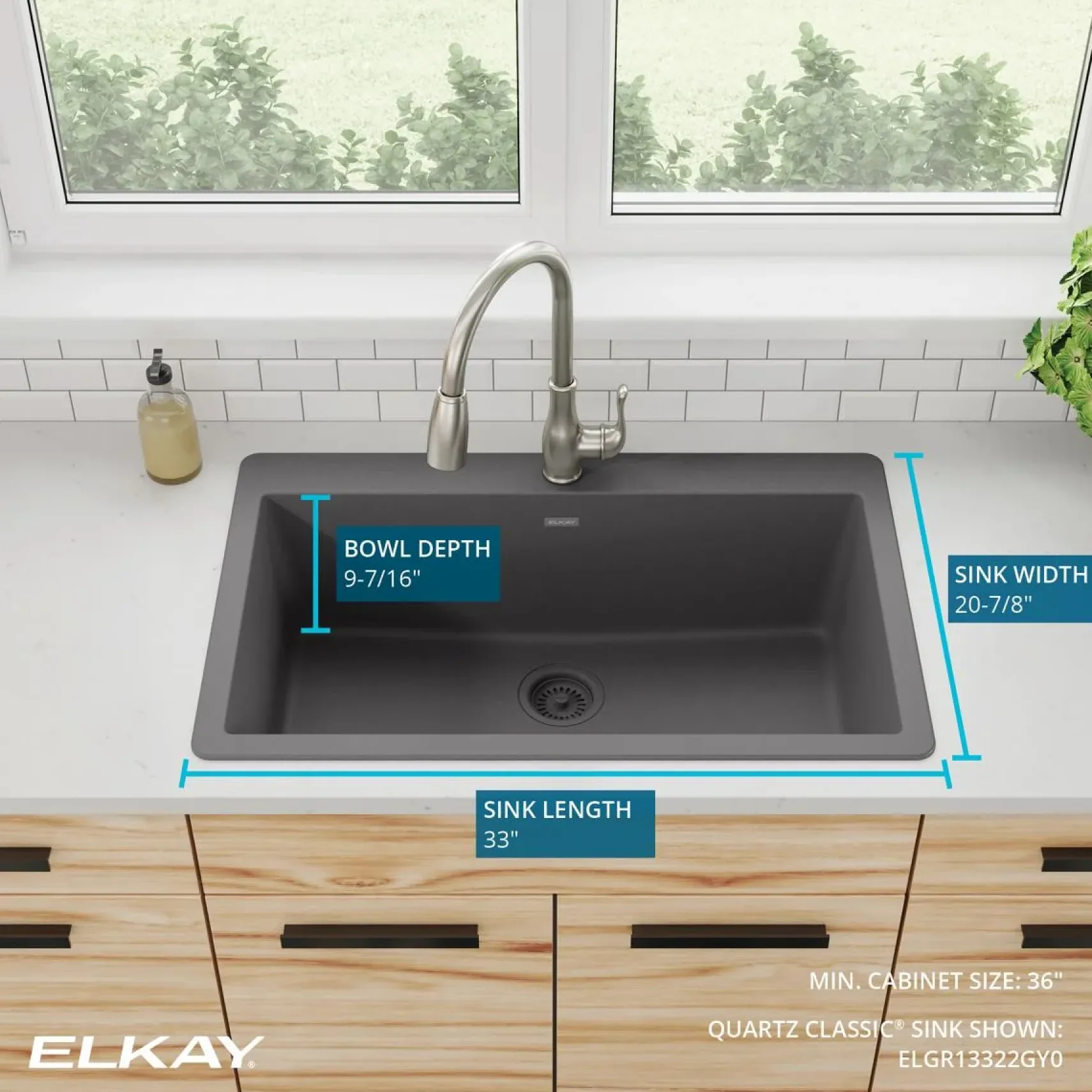 Elkay Quartz Classic 33" Drop In/Topmount Quartz Kitchen Sink, Dusk Gray, 5 Pre-scored Faucet Holes, ELGR13322GY0
