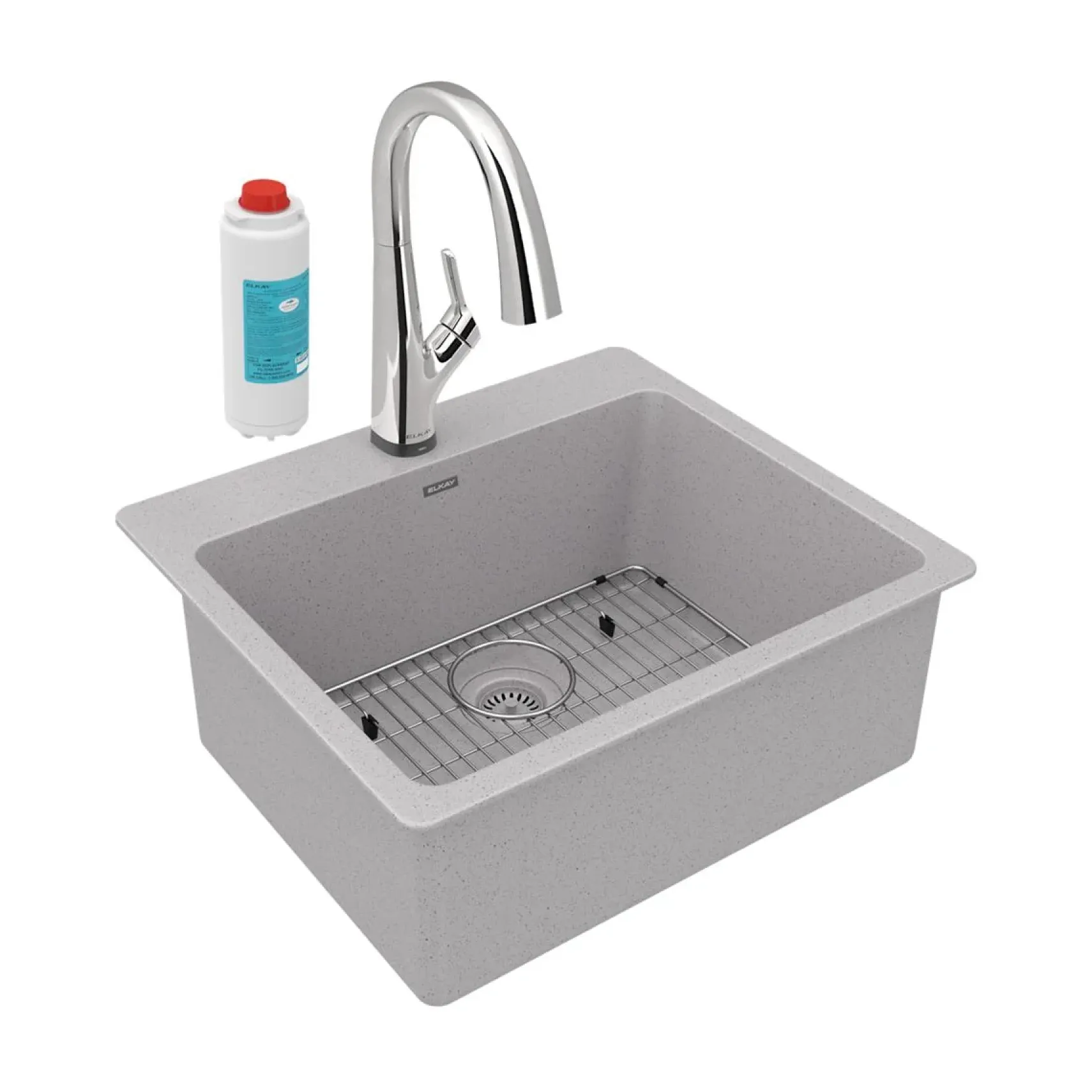 Elkay Quartz Classic 25" Drop In/Topmount Quartz Kitchen Sink Kit with Faucet, Single Bowl Greystone, 5 Pre-scored Faucet Holes, ELG2522GS0FLC