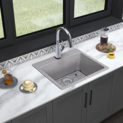Elkay Quartz Classic 25" Drop In/Topmount Quartz Kitchen Sink Kit with Faucet, Single Bowl Greystone, 5 Pre-scored Faucet Holes, ELG2522GS0FLC