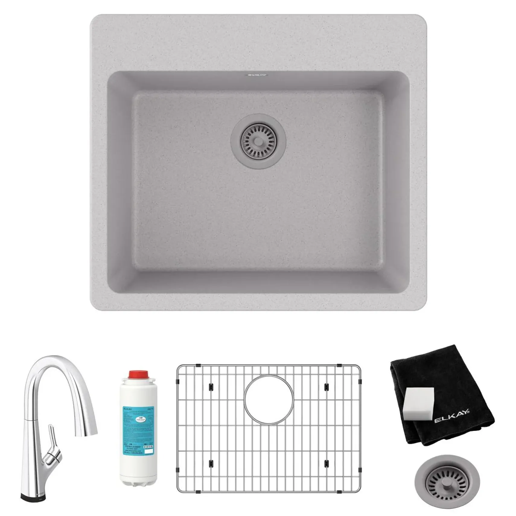 Elkay Quartz Classic 25" Drop In/Topmount Quartz Kitchen Sink Kit with Faucet, Single Bowl Greystone, 5 Pre-scored Faucet Holes, ELG2522GS0FLC