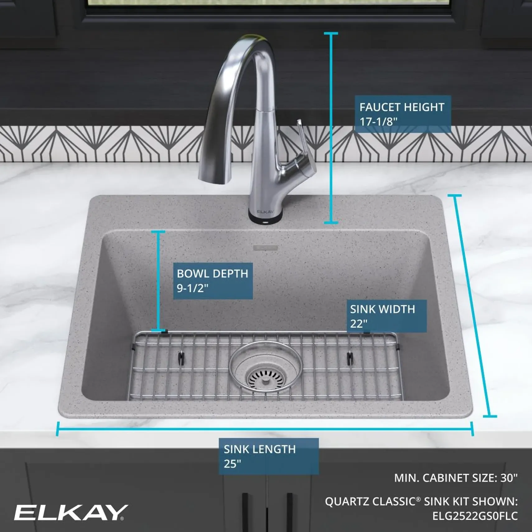 Elkay Quartz Classic 25" Drop In/Topmount Quartz Kitchen Sink Kit with Faucet, Single Bowl Greystone, 5 Pre-scored Faucet Holes, ELG2522GS0FLC