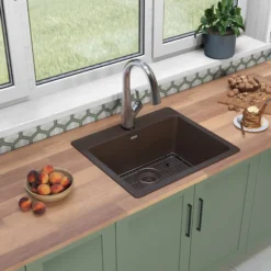 Elkay Quartz Classic 25" Drop In/Topmount Quartz Kitchen Sink Kit with Faucet, Single Bowl Mocha, 5 Pre-scored Faucet Holes, ELG2522MC0FLC
