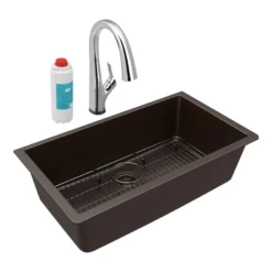 Elkay Quartz Classic 33" Undermount Quartz Kitchen Sink Kit with Faucet, Single Bowl Mocha, ELGRU13322MCFLC