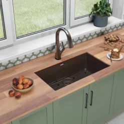 Elkay Quartz Classic 33" Undermount Quartz Kitchen Sink Kit with Faucet, Single Bowl Mocha, ELGRU13322MCFLC
