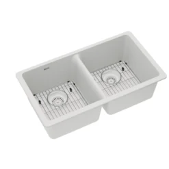 Elkay Quartz Classic 33" Undermount Quartz Kitchen Sink Kit, 50/50 Double Bowl, White, ELGU3322WH0C