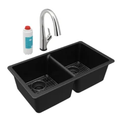 Elkay Quartz Classic 33" Undermount Quartz Kitchen Sink Kit with Faucet, 50/50 Double Bowl, Black, ELGU3322BK0FLC