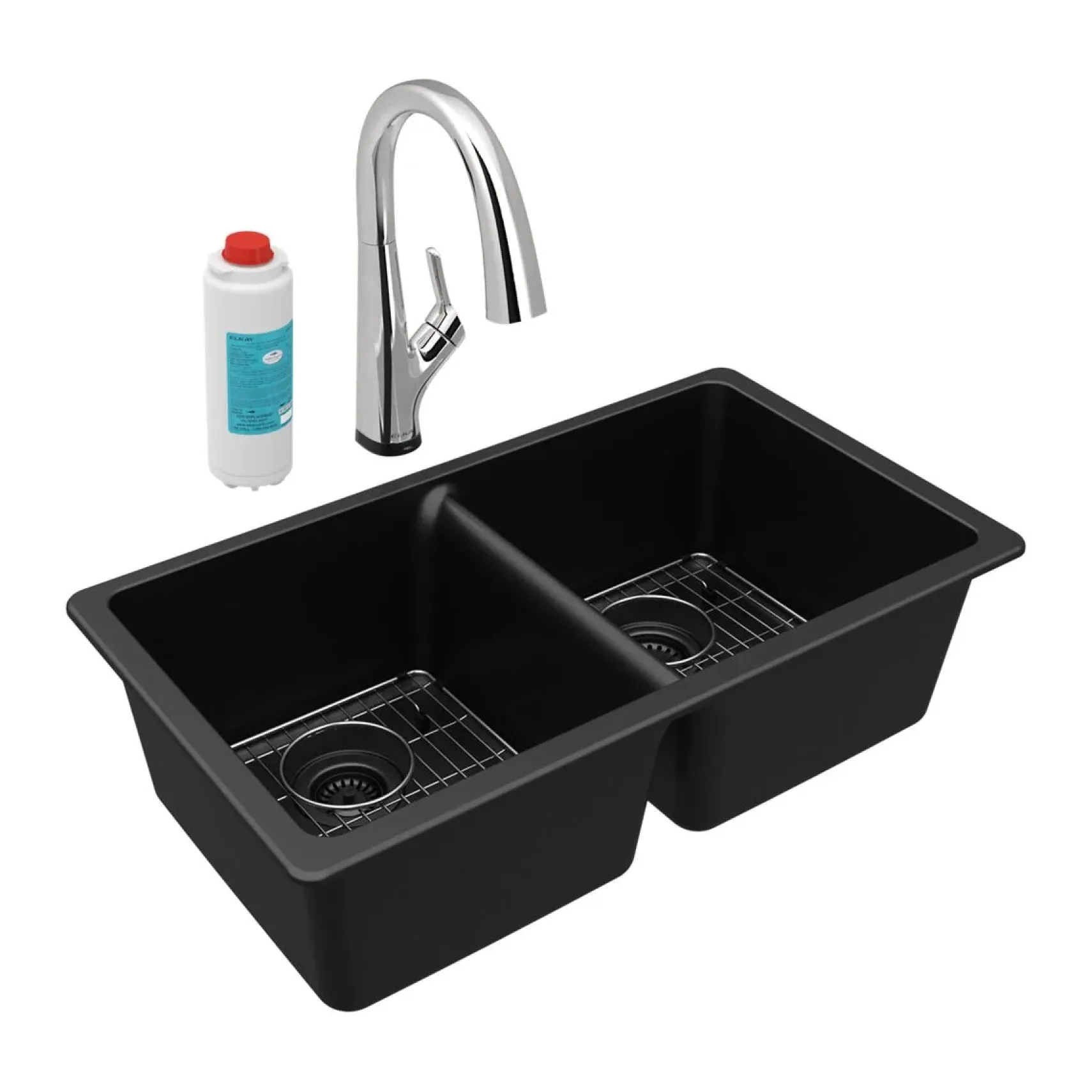 Elkay Quartz Classic 33" Undermount Quartz Kitchen Sink Kit with Faucet, 50/50 Double Bowl, Black, ELGU3322BK0FLC