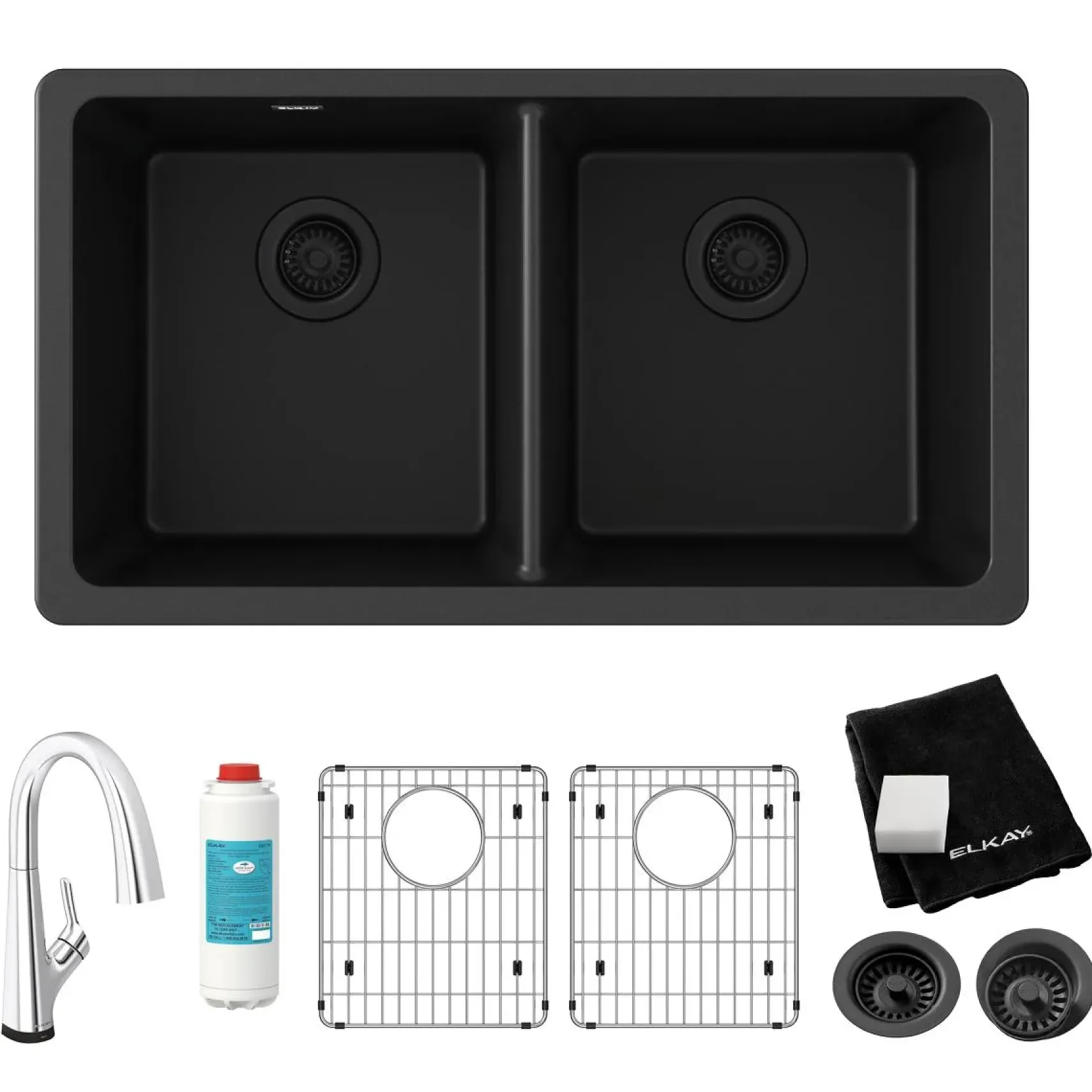 Elkay Quartz Classic 33" Undermount Quartz Kitchen Sink Kit with Faucet, 50/50 Double Bowl, Black, ELGU3322BK0FLC