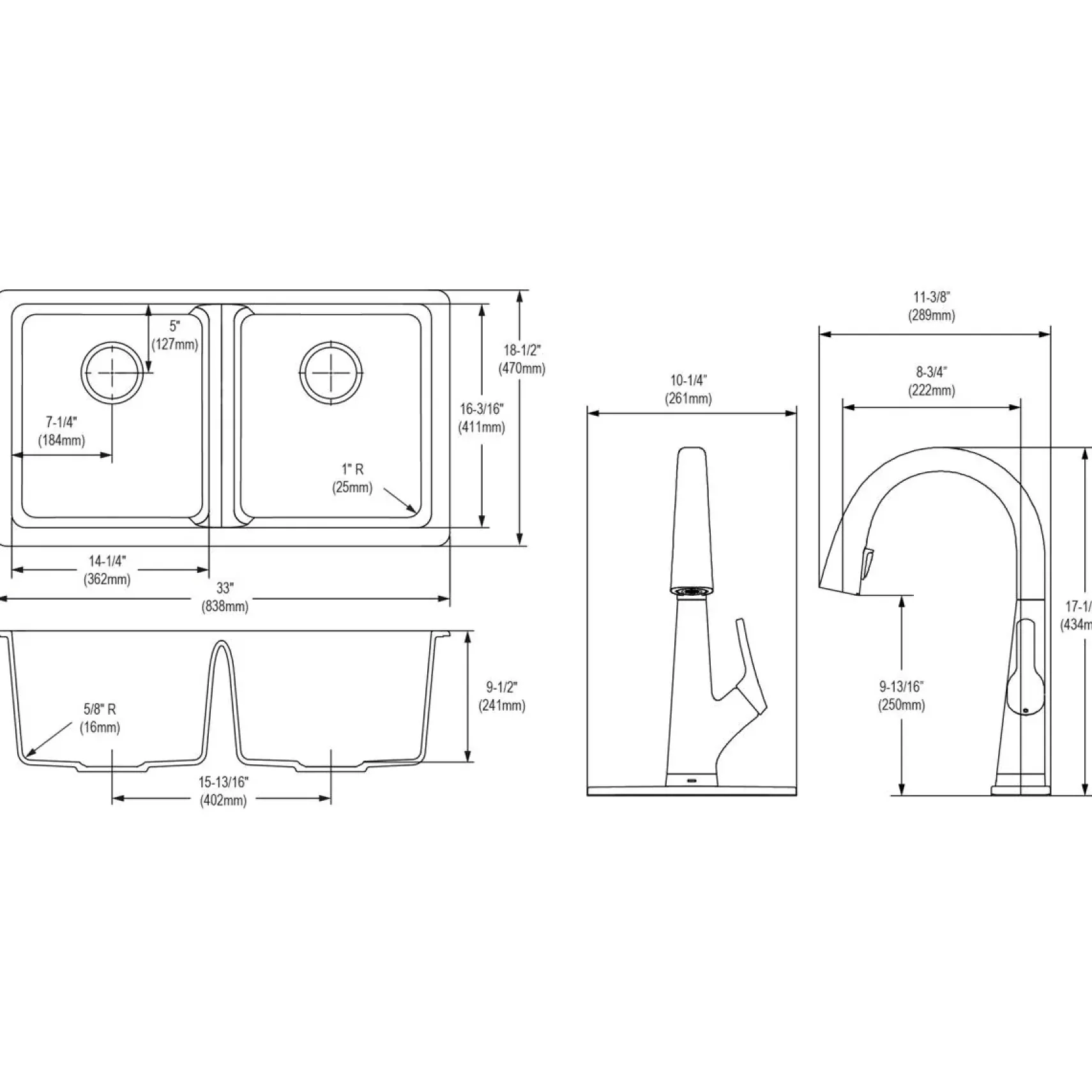 Elkay Quartz Classic 33" Undermount Quartz Kitchen Sink Kit with Faucet, 50/50 Double Bowl, Black, ELGU3322BK0FLC