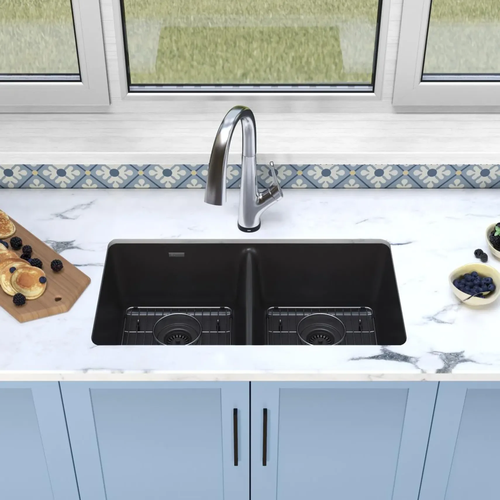 Elkay Quartz Classic 33" Undermount Quartz Kitchen Sink Kit with Faucet, 50/50 Double Bowl, Black, ELGU3322BK0FLC