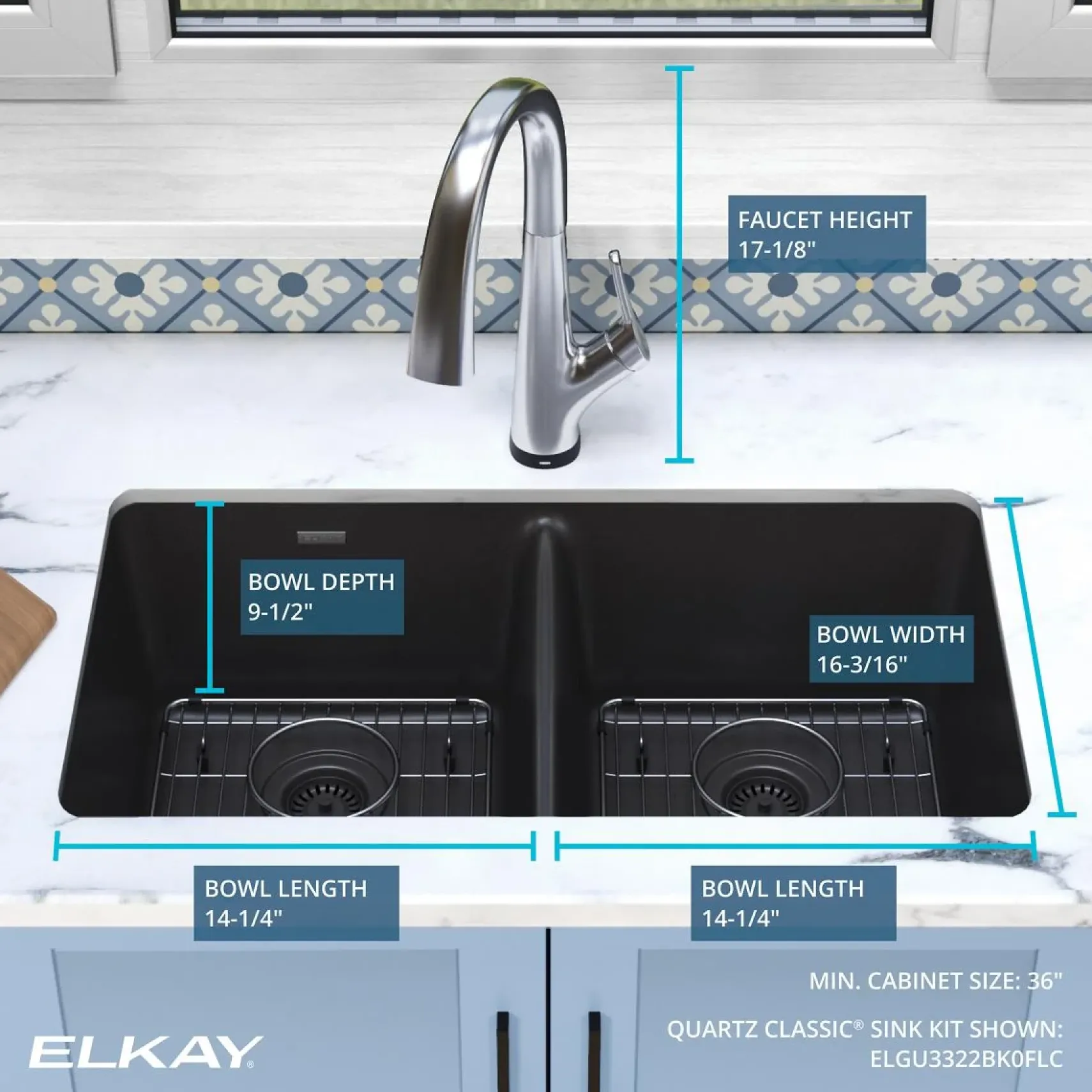 Elkay Quartz Classic 33" Undermount Quartz Kitchen Sink Kit with Faucet, 50/50 Double Bowl, Black, ELGU3322BK0FLC