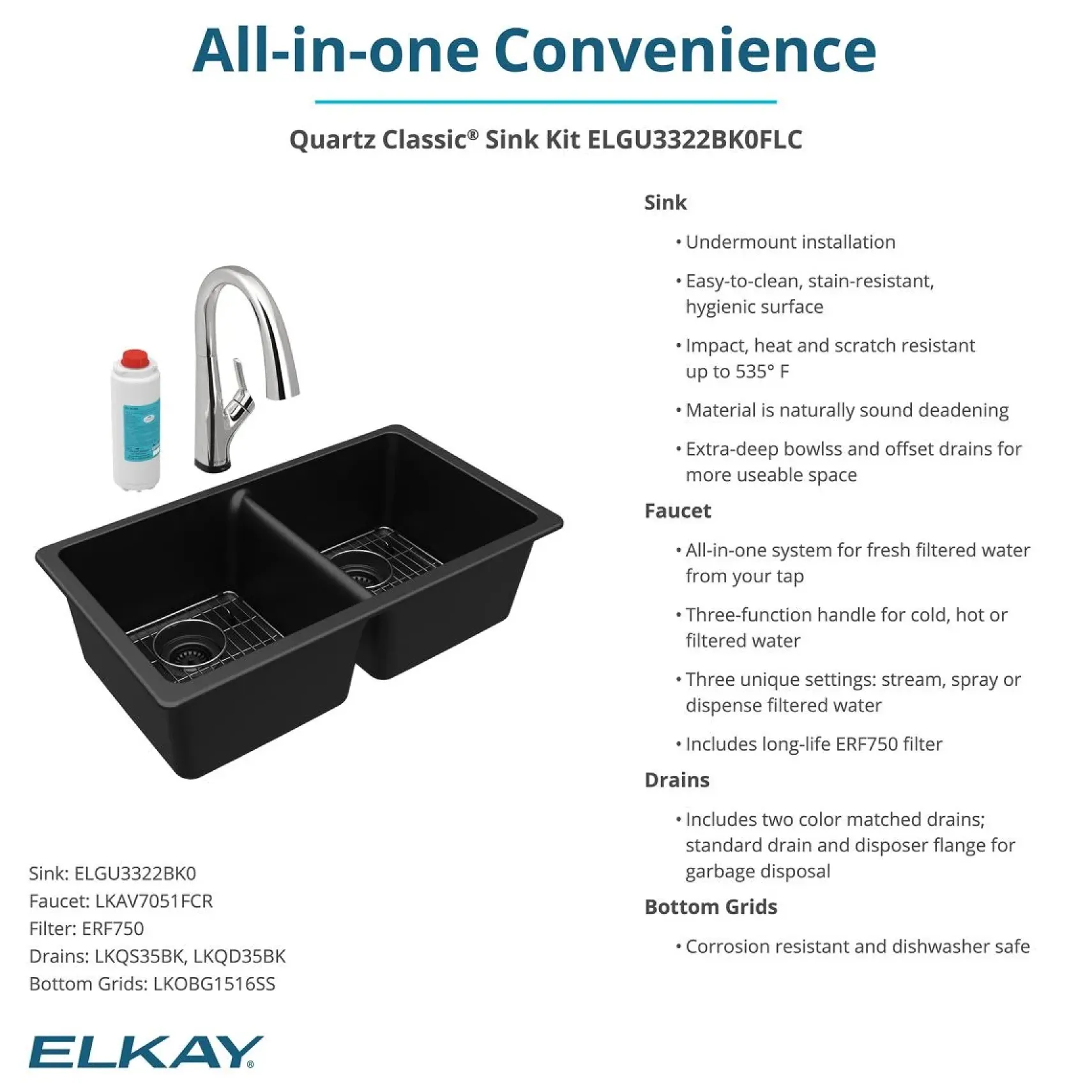 Elkay Quartz Classic 33" Undermount Quartz Kitchen Sink Kit with Faucet, 50/50 Double Bowl, Black, ELGU3322BK0FLC