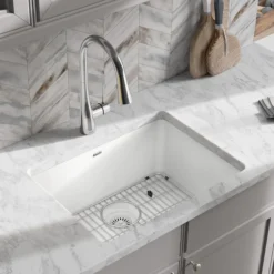 Elkay Quartz Classic 25" Undermount Quartz Kitchen Sink Kit, White, ELGU2522WH0C
