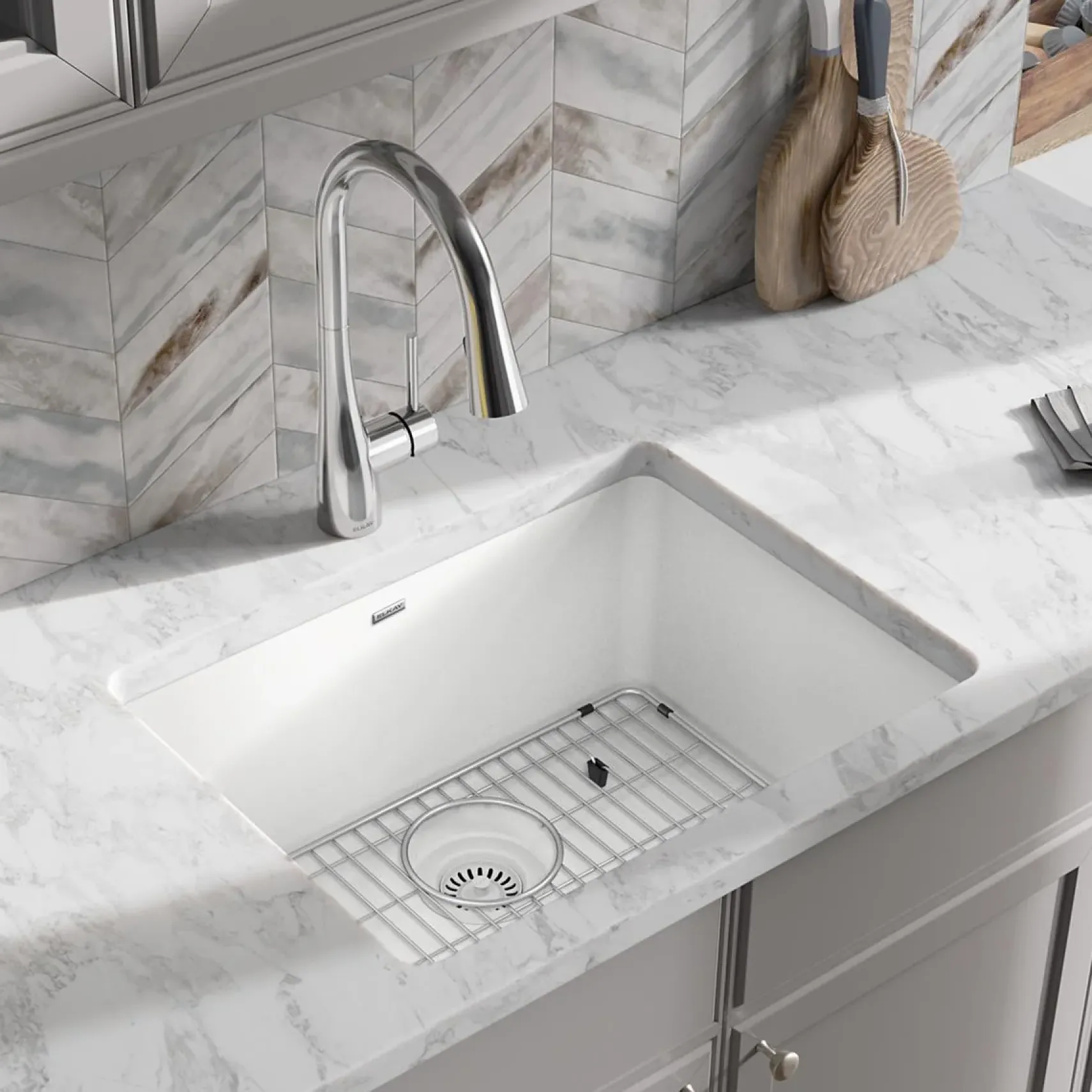 Elkay Quartz Classic 25" Undermount Quartz Kitchen Sink Kit, White, ELGU2522WH0C