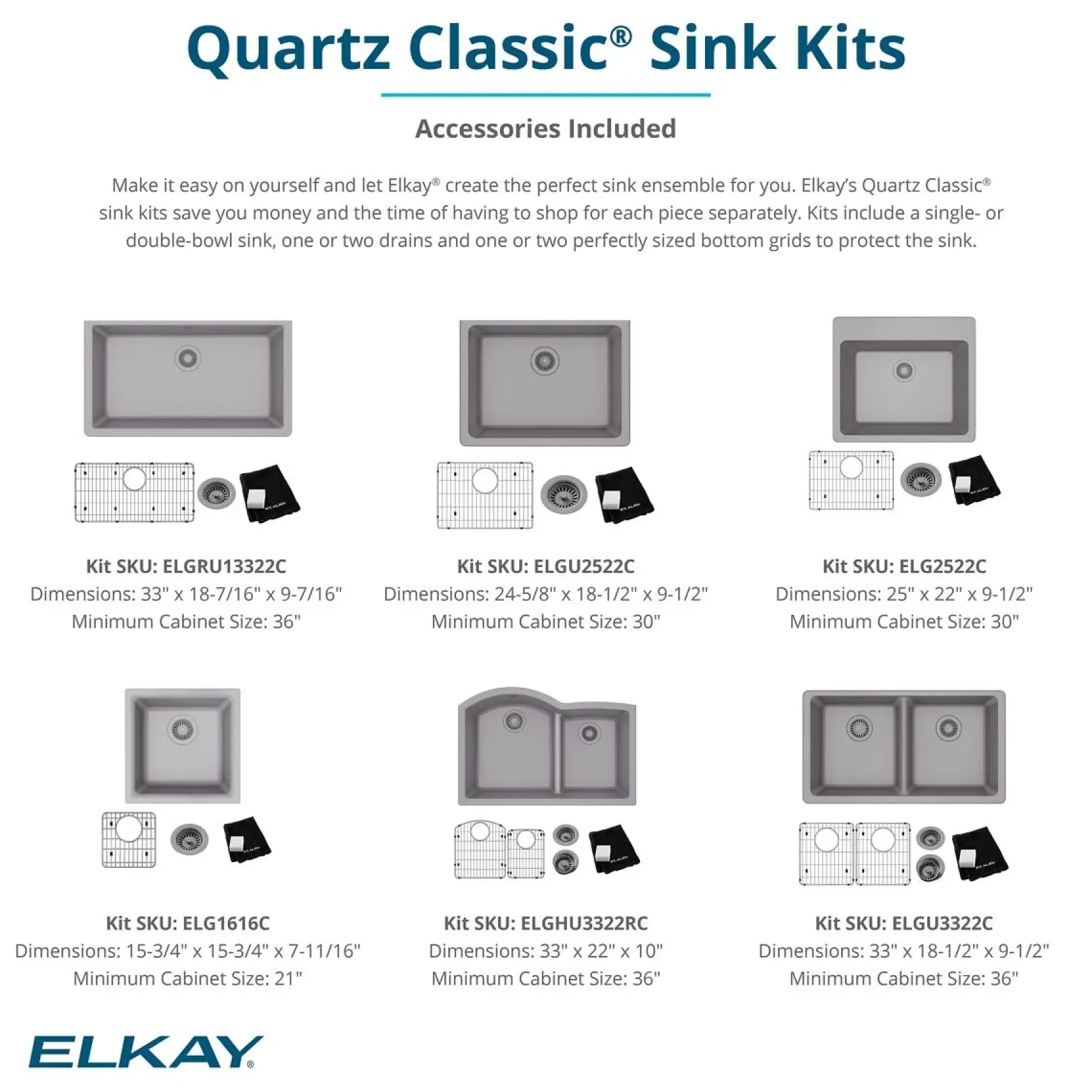 Elkay Quartz Classic 25" Undermount Quartz Kitchen Sink Kit, White, ELGU2522WH0C
