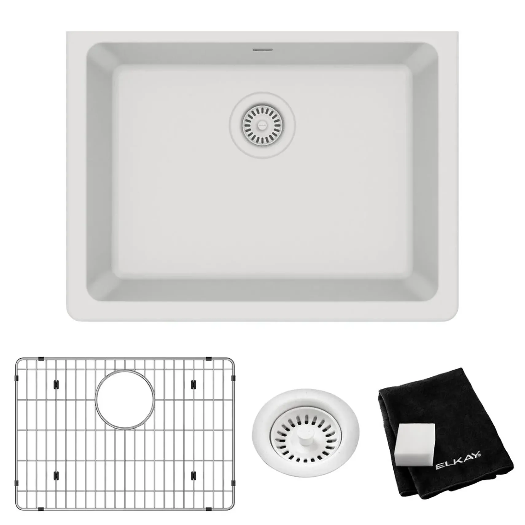 Elkay Quartz Classic 25" Undermount Quartz Kitchen Sink Kit, White, ELGU2522WH0C