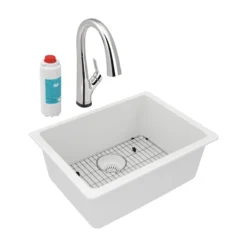 Elkay Quartz Classic 25" Undermount Quartz Kitchen Sink Kit with Faucet, Single Bowl White, ELGU2522WH0FLC