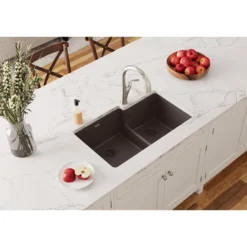 Elkay Quartz Classic 33" Undermount Quartz Kitchen Sink, 60/40 Double Bowl, Mocha, ELGULBO3322MC0