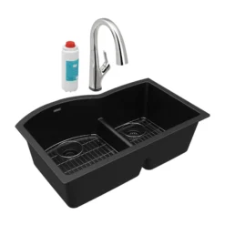 Elkay Quartz Classic 33" Undermount Quartz Kitchen Sink Kit with Faucet, 60/40 Double Bowl, Black, ELGHU3322RBKFLC