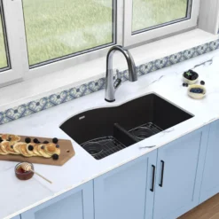 Elkay Quartz Classic 33" Undermount Quartz Kitchen Sink Kit with Faucet, 60/40 Double Bowl, Black, ELGHU3322RBKFLC