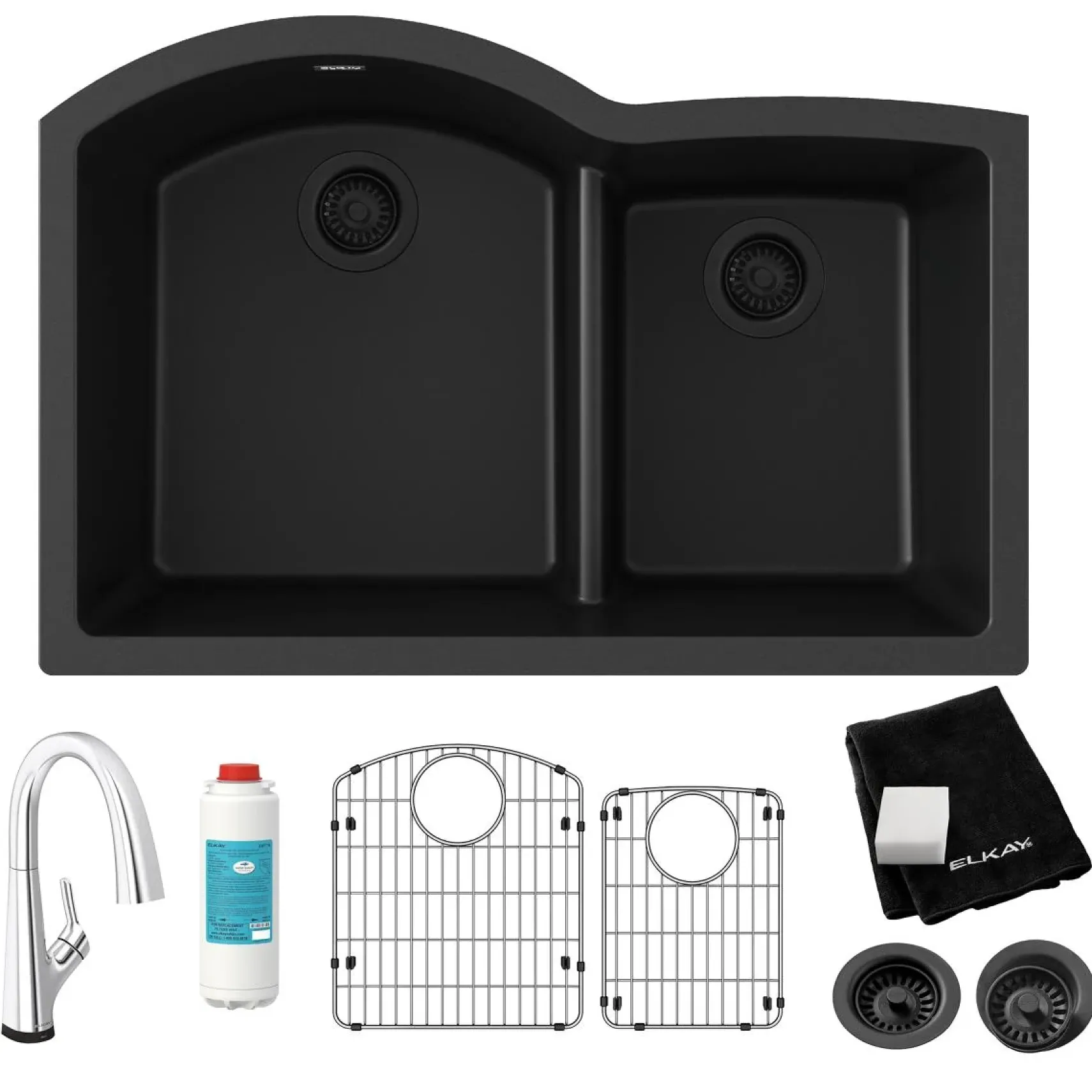 Elkay Quartz Classic 33" Undermount Quartz Kitchen Sink Kit with Faucet, 60/40 Double Bowl, Black, ELGHU3322RBKFLC