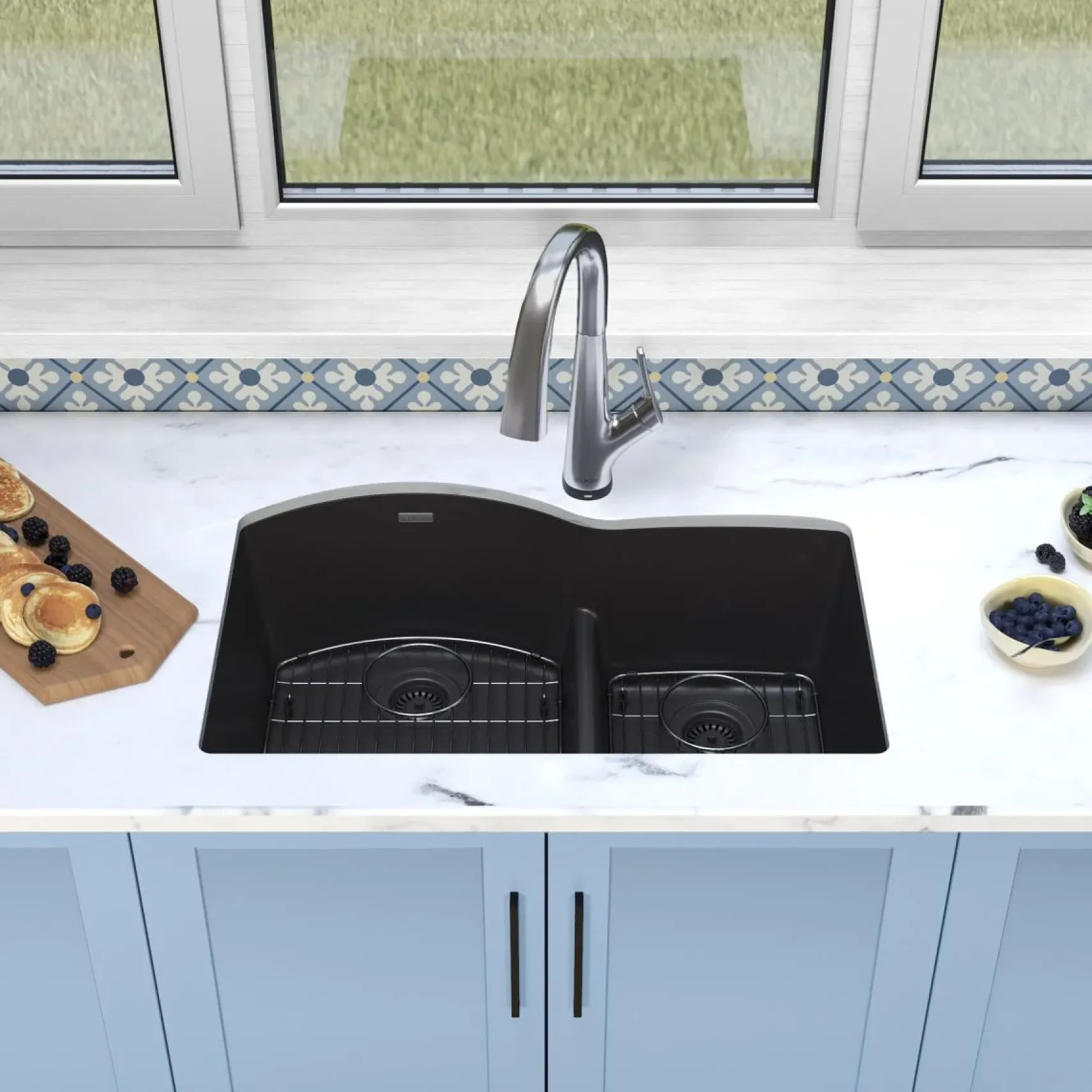 Elkay Quartz Classic 33" Undermount Quartz Kitchen Sink Kit with Faucet, 60/40 Double Bowl, Black, ELGHU3322RBKFLC