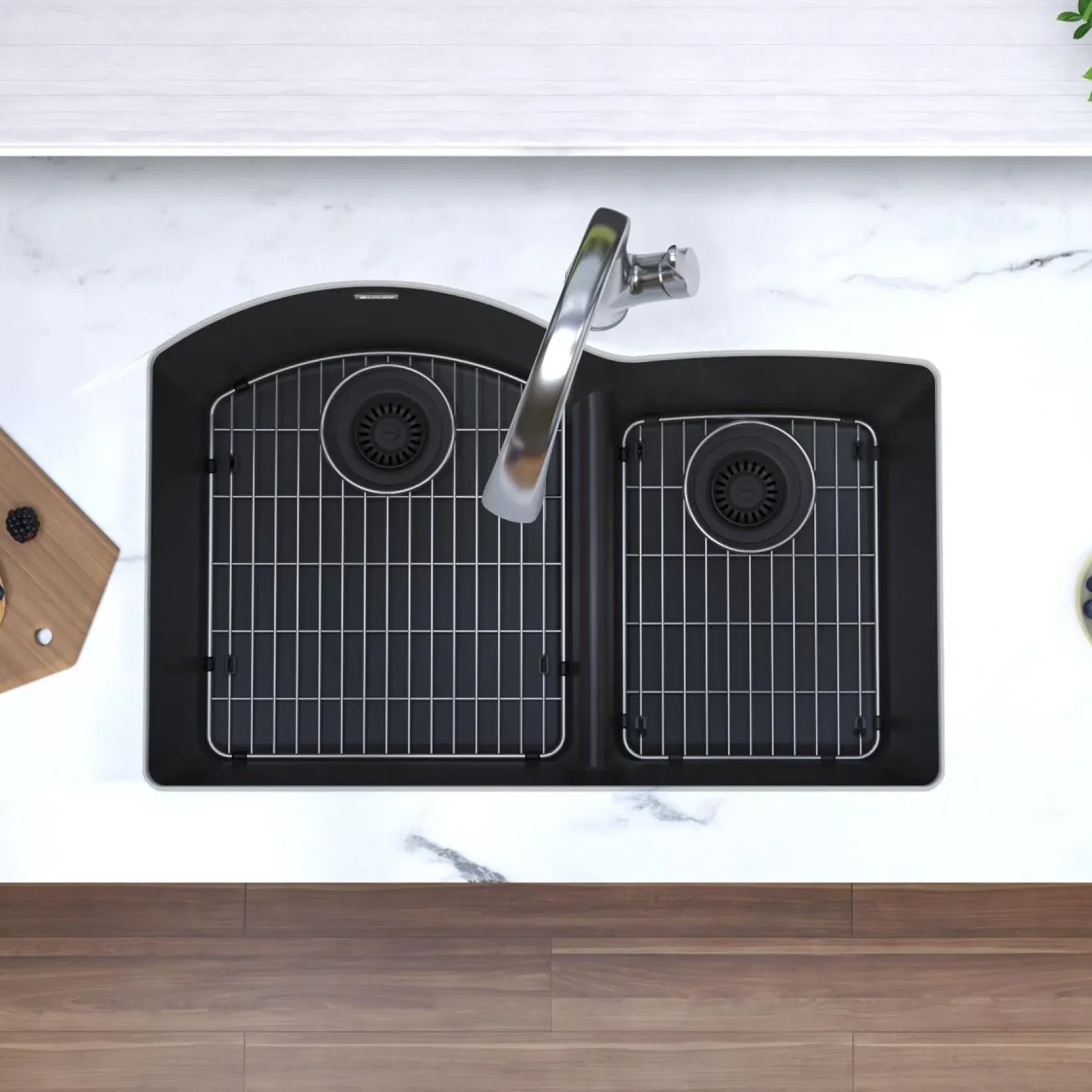 Elkay Quartz Classic 33" Undermount Quartz Kitchen Sink Kit with Faucet, 60/40 Double Bowl, Black, ELGHU3322RBKFLC