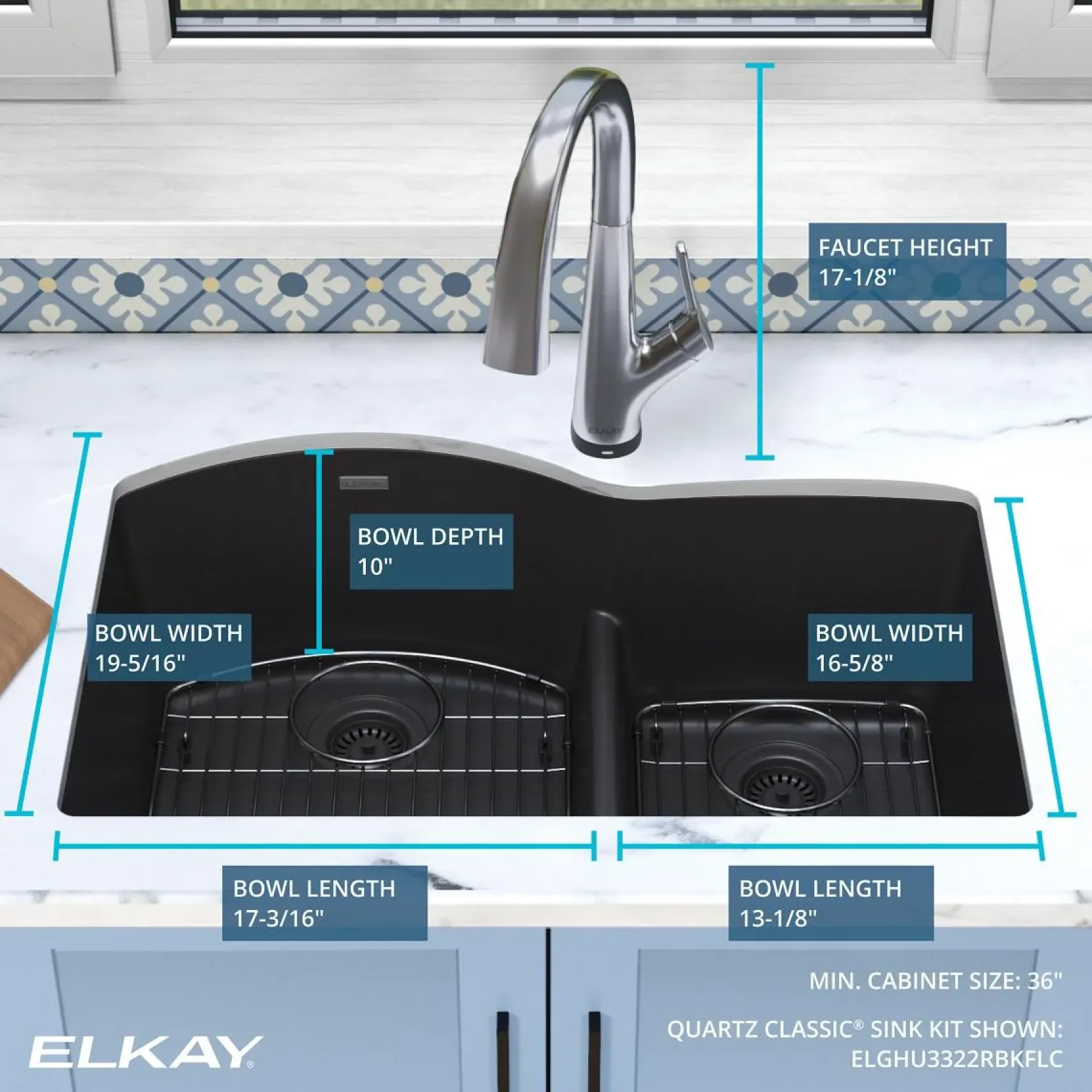 Elkay Quartz Classic 33" Undermount Quartz Kitchen Sink Kit with Faucet, 60/40 Double Bowl, Black, ELGHU3322RBKFLC