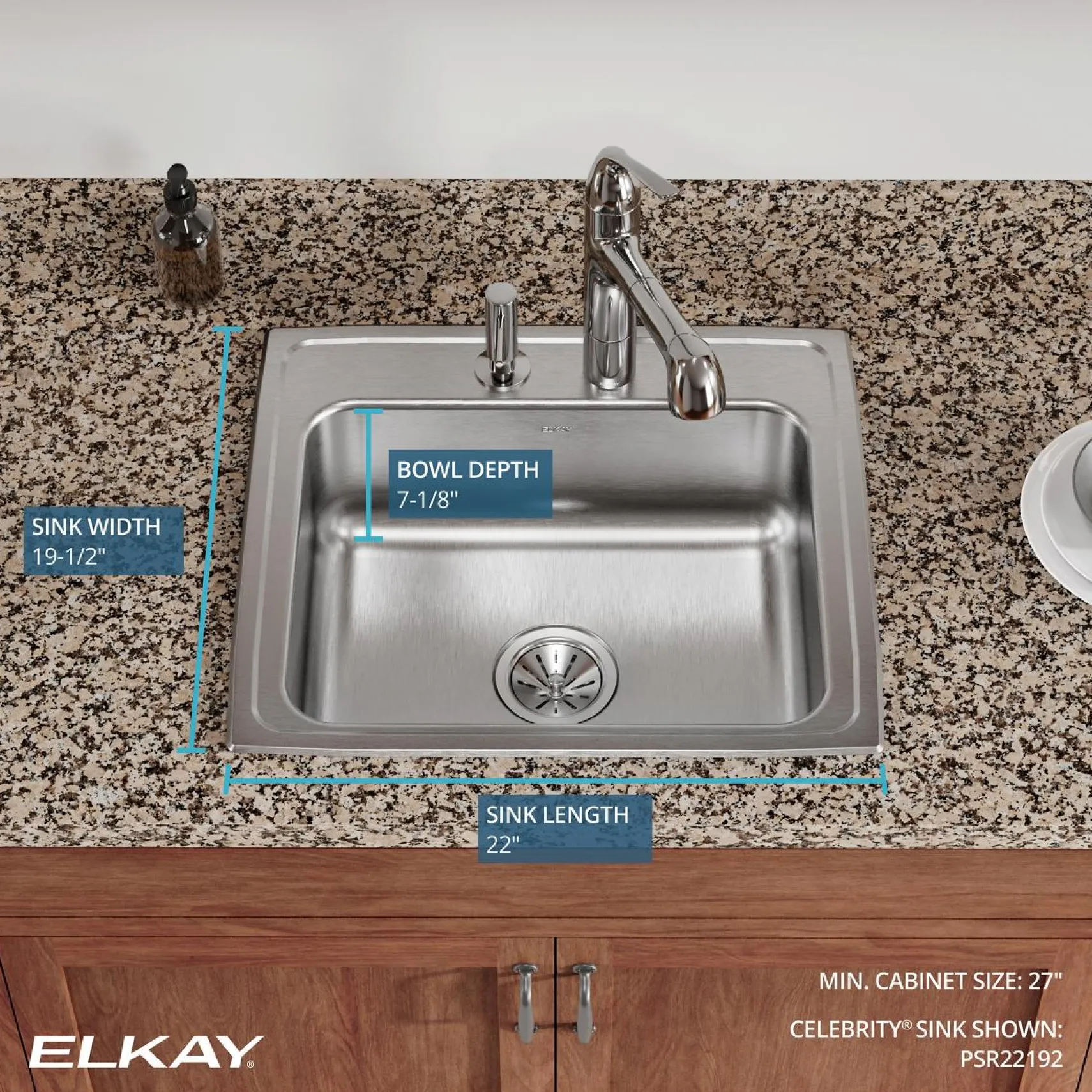 Elkay Celebrity 22" Drop In/Topmount Stainless Steel Kitchen Sink, Brushed Satin, 2 Faucet Holes, PSR22192