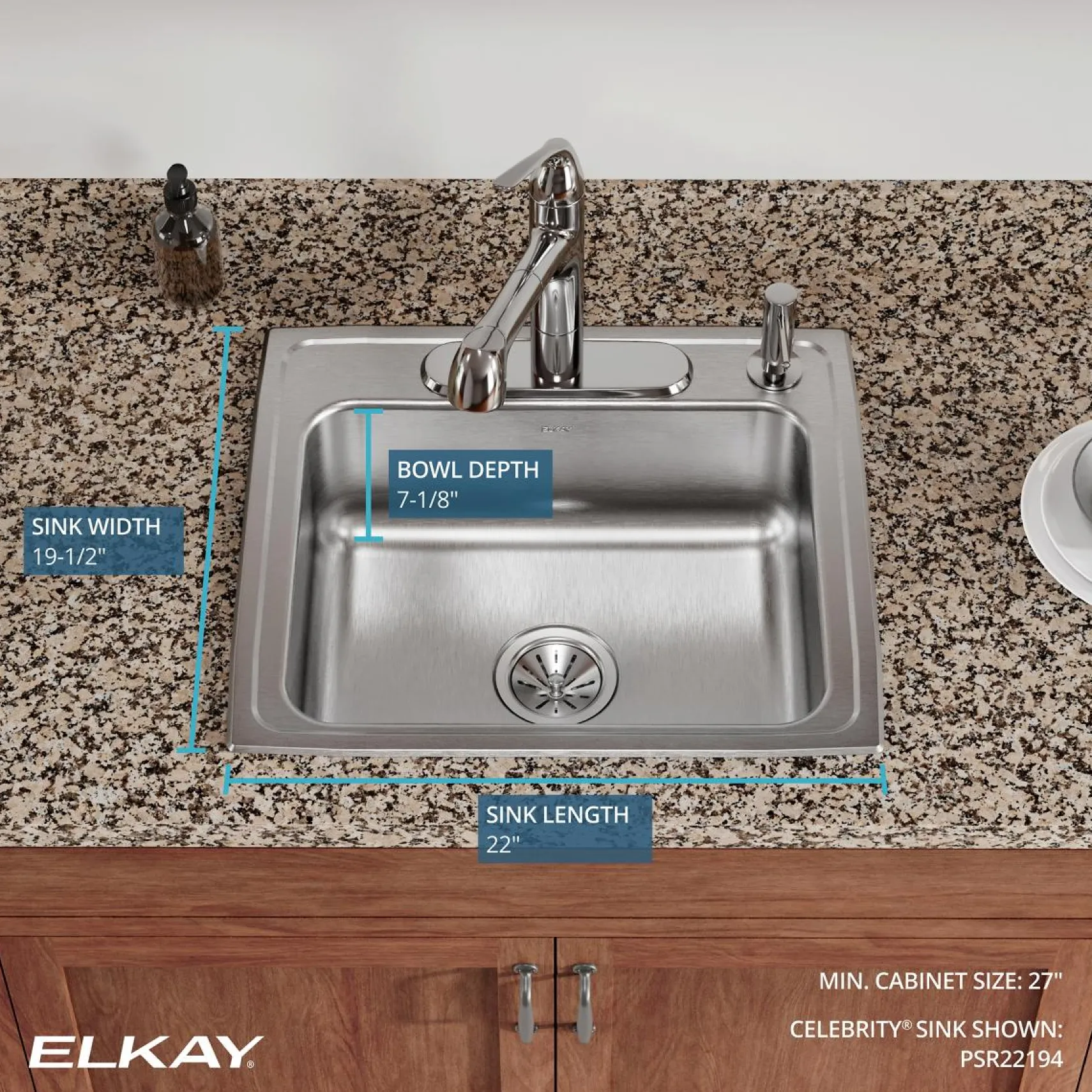 Elkay Celebrity 22" Drop In/Topmount Stainless Steel Kitchen Sink, Brushed Satin, 4 Faucet Holes, PSR22194