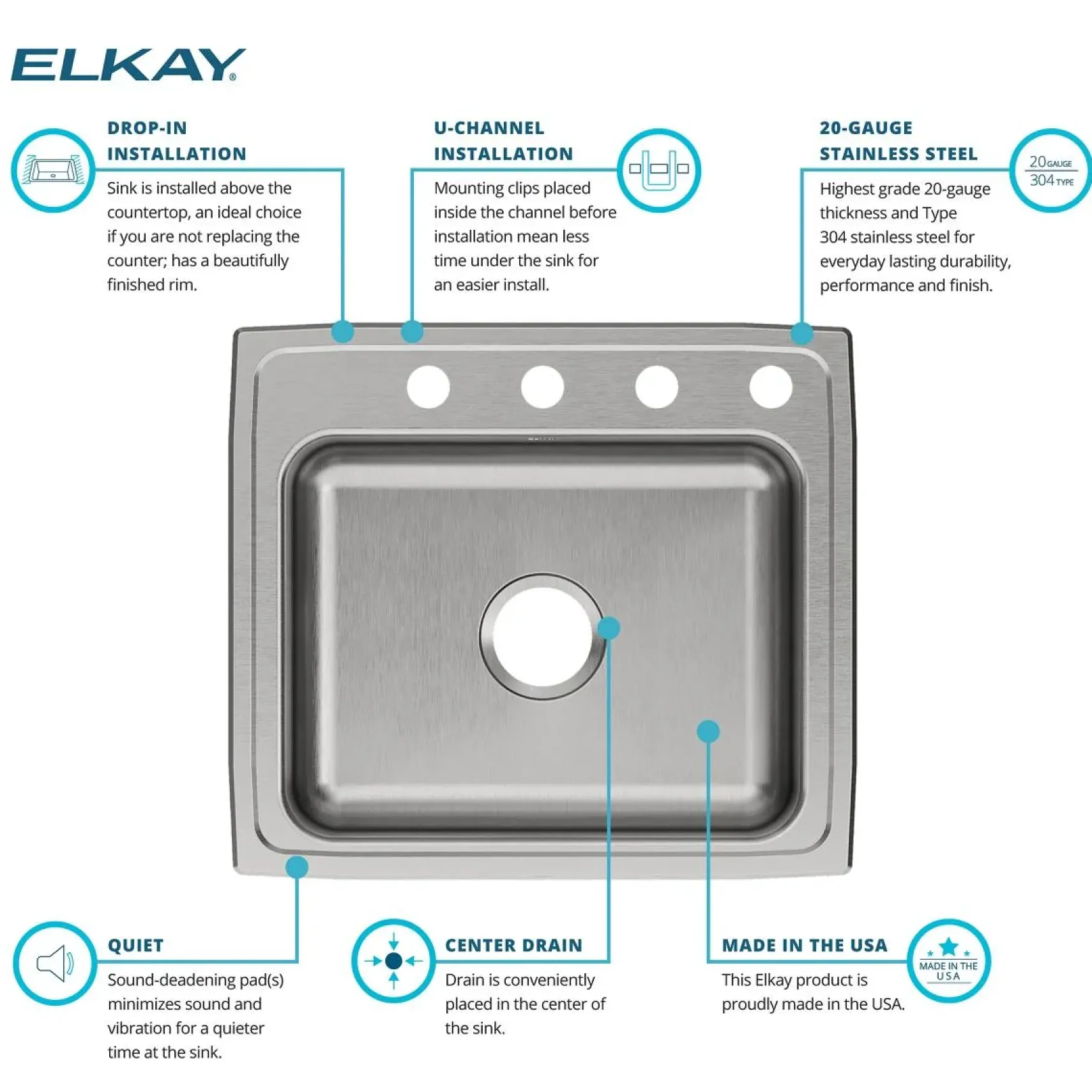 Elkay Celebrity 22" Drop In/Topmount Stainless Steel Kitchen Sink, Brushed Satin, 4 Faucet Holes, PSR22194
