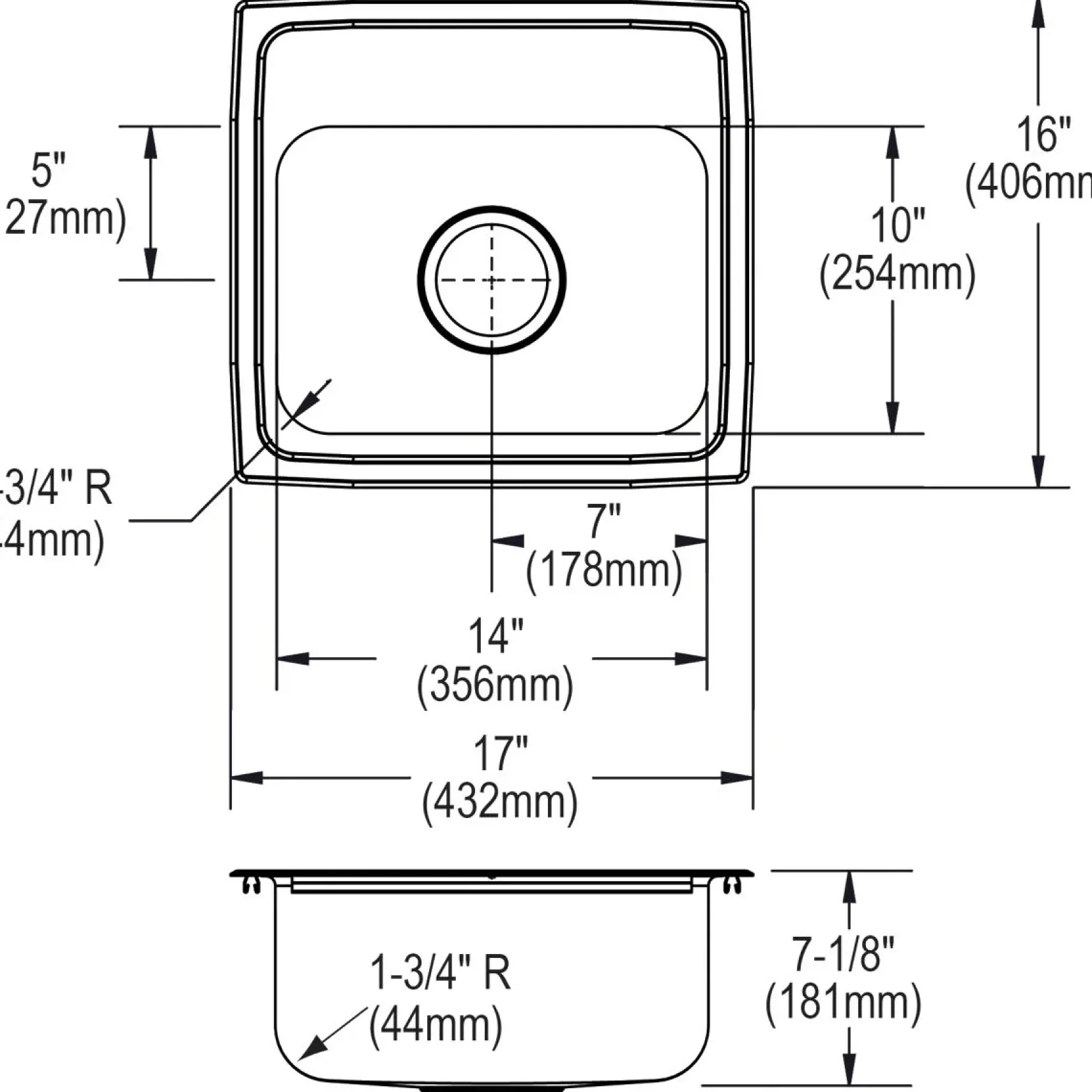 Elkay Celebrity 17" Stainless Steel Kitchen Sink, 20 Gauge, Brushed Satin, 3 Faucet Hole, PSR17163