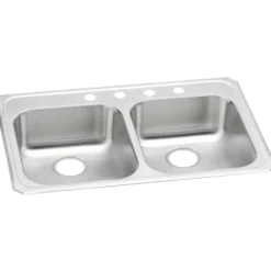 Elkay Celebrity 33" Stainless Steel Kitchen Sink, 50/50 Double Bowl, Brushed Satin, 4 Faucet Hole, GECR33214